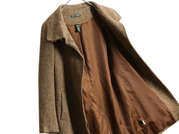 90s LAUREN ラルフローレン ツイード ステンカラー コート レディース S オールド ポロ ウール ロング ジャケット 本革 レザー ストラップ