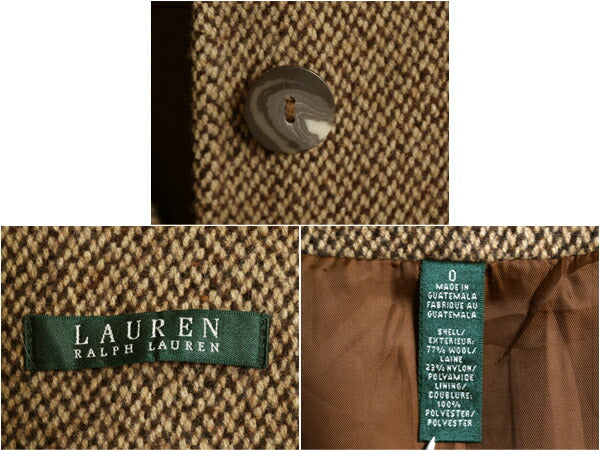 90s LAUREN ラルフローレン ツイード ステンカラー コート レディース S オールド ポロ ウール ロング ジャケット 本革 レザー ストラップ