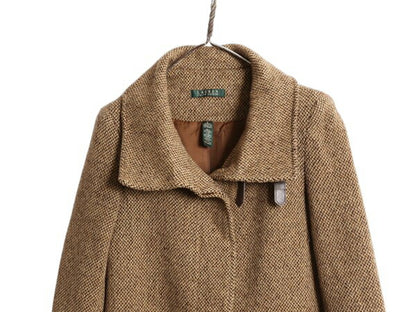 90s LAUREN ラルフローレン ツイード ステンカラー コート レディース S オールド ポロ ウール ロング ジャケット 本革 レザー ストラップ