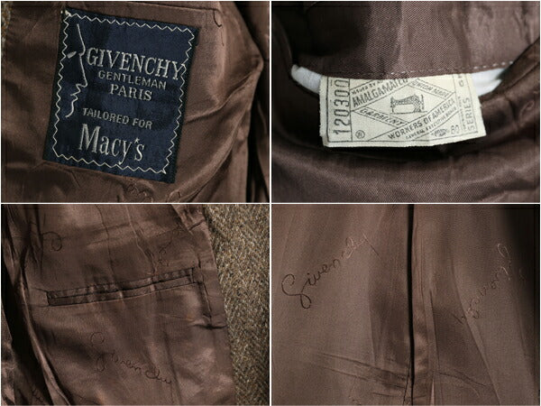 70s USA製 ジバンシィ ツイード テーラード ジャケット メンズ M 程 古着 70年代 ヴィンテージ 顔タグ GIVENCHY Macy's ウール ブレザー 茶