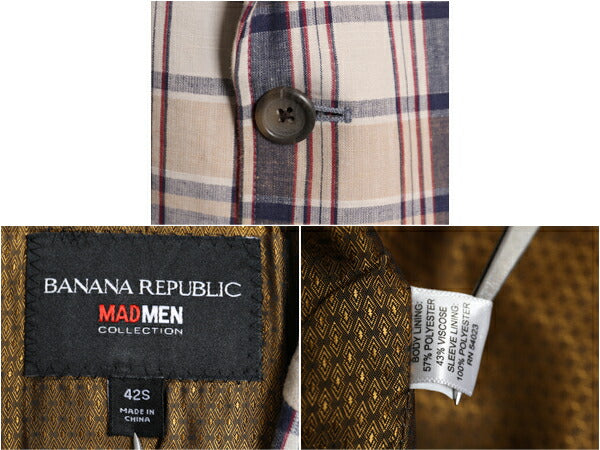 デッドストック バナナリパブリック チェック テーラード ジャケット メンズ L 程 BANANA REPUBLIC コットン サマー ブレザー マルチカラー