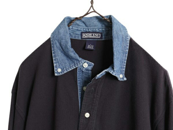 90s ランズエンド 鹿の子 ボタンダウン 長袖 ポロシャツ メンズ L / 古着 オールド LANDS END 襟 デニム 切替 長袖シャツ コットン 無地 紺