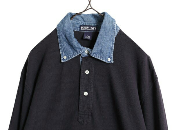 90s ランズエンド 鹿の子 ボタンダウン 長袖 ポロシャツ メンズ L / 古着 オールド LANDS END 襟 デニム 切替 長袖シャツ コットン 無地 紺