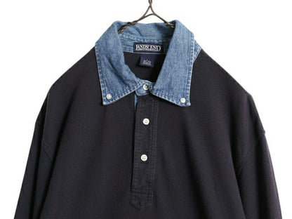 90s ランズエンド 鹿の子 ボタンダウン 長袖 ポロシャツ メンズ L / 古着 オールド LANDS END 襟 デニム 切替 長袖シャツ コットン 無地 紺