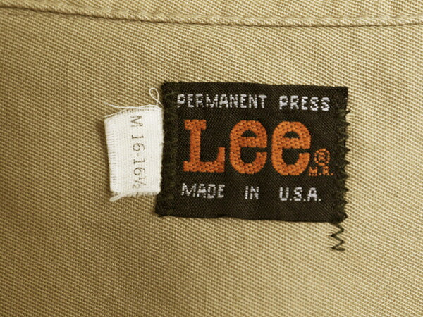 70s USA製 リー 無地 長袖 ワーク シャツ メンズ M 70年代 ヴィンテージ Lee 長袖シャツ ポケット付き 無地 ノーアイロン カーキ ベージュ