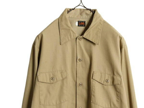 70s USA製 リー 無地 長袖 ワーク シャツ メンズ M 70年代 ヴィンテージ Lee 長袖シャツ ポケット付き 無地 ノーアイロン カーキ ベージュ