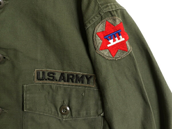 70s 米軍実物 US ARMY コットン サテン ユーティリティ シャツ メンズ M 程 ヴィンテージ ミリタリー アーミー OG107 シャツ袖 3rd カーキ
