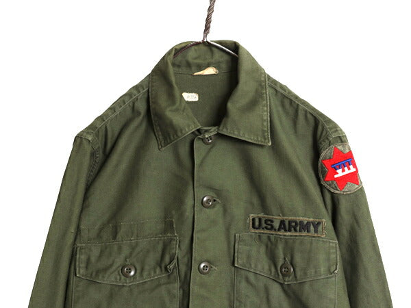 70s 米軍実物 US ARMY コットン サテン ユーティリティ シャツ メンズ M 程 ヴィンテージ ミリタリー アーミー OG107 シャツ袖 3rd カーキ