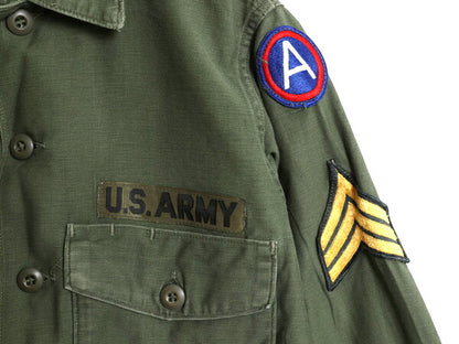 60s 米軍実物 US ARMY コットン サテン ユーティリティ シャツ メンズ S 程 ヴィンテージ アーミー OG107 シャツ袖 2nd フルパッチ カーキ