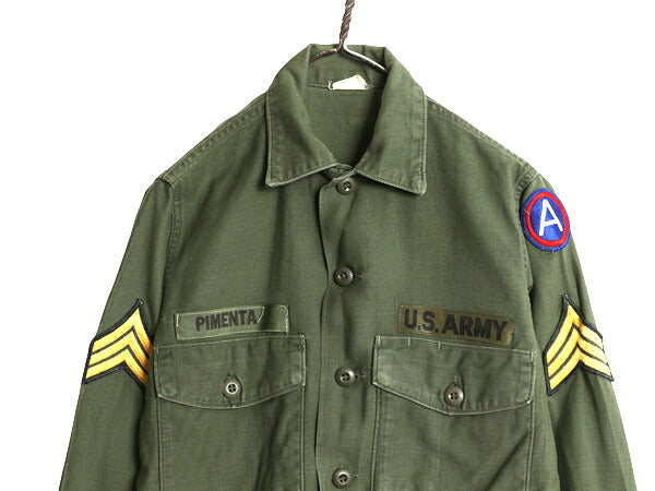 60s 米軍実物 US ARMY コットン サテン ユーティリティ シャツ メンズ S 程 ヴィンテージ アーミー OG107 シャツ袖 2nd フルパッチ カーキ
