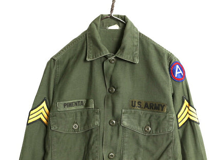 60s 米軍実物 US ARMY コットン サテン ユーティリティ シャツ メンズ S 程 ヴィンテージ アーミー OG107 シャツ袖 2nd フルパッチ カーキ