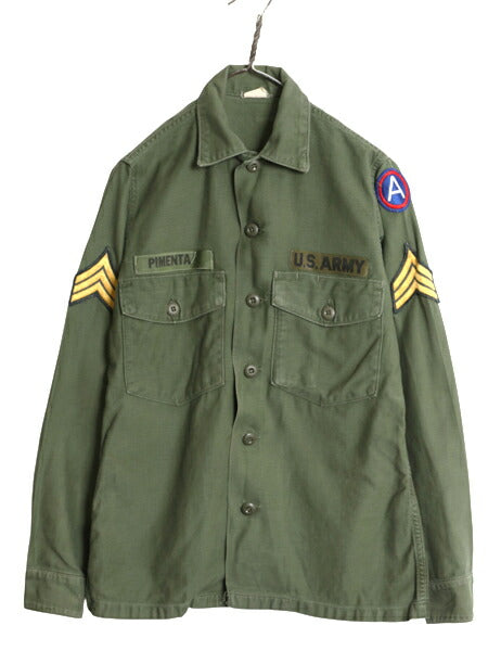 60s 米軍実物 US ARMY コットン サテン ユーティリティ シャツ メンズ S 程 ヴィンテージ アーミー OG107 シャツ袖 2nd フルパッチ カーキ