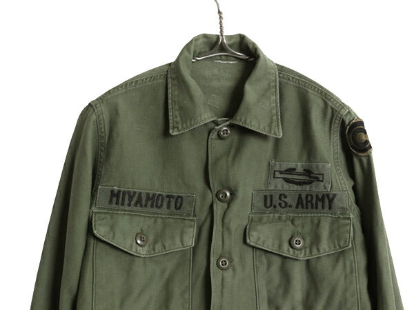60s 米軍実物 US ARMY コットン サテン ユーティリティ シャツ メンズ S 程 ヴィンテージ アーミー OG107 フルパッチ シャツ袖 2nd カーキ