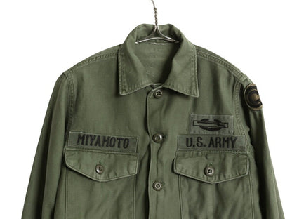 60s 米軍実物 US ARMY コットン サテン ユーティリティ シャツ メンズ S 程 ヴィンテージ アーミー OG107 フルパッチ シャツ袖 2nd カーキ