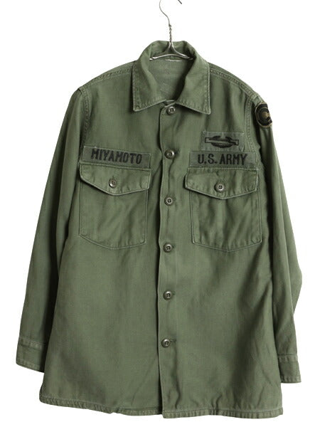 60s 米軍実物 US ARMY コットン サテン ユーティリティ シャツ メンズ S 程 ヴィンテージ アーミー OG107 フルパッチ シャツ袖 2nd カーキ