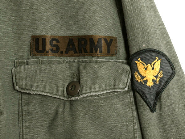 70s 米軍実物 US ARMY コットン サテン ユーティリティ シャツ メンズ S 程 ヴィンテージ ミリタリー アーミー OG107 シャツ袖 3rd カーキ