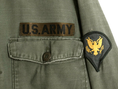 70s 米軍実物 US ARMY コットン サテン ユーティリティ シャツ メンズ S 程 ヴィンテージ ミリタリー アーミー OG107 シャツ袖 3rd カーキ