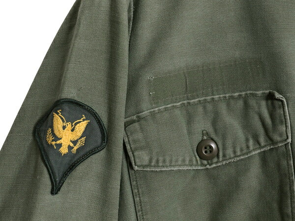 70s 米軍実物 US ARMY コットン サテン ユーティリティ シャツ メンズ S 程 ヴィンテージ ミリタリー アーミー OG107 シャツ袖 3rd カーキ