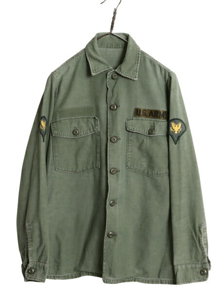 70s 米軍実物 US ARMY コットン サテン ユーティリティ シャツ メンズ S 程 ヴィンテージ ミリタリー アーミー OG107 シャツ袖 3rd カーキ