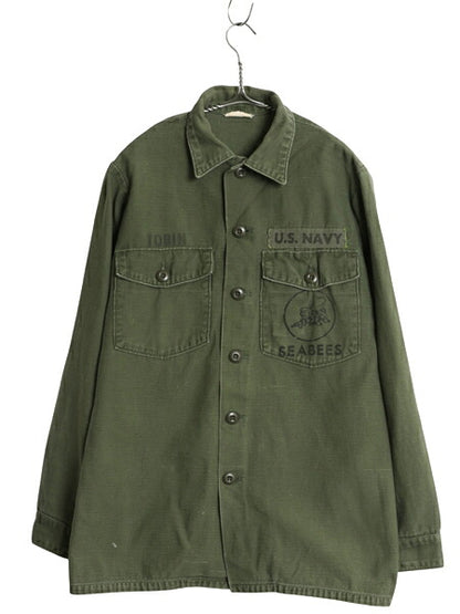 70s 米軍実物 USN ネイビー シービーズ コットン サテン ユーティリティ シャツ メンズ S 73年製 ヴィンテージ OG107 シャツ袖 4th USN 緑