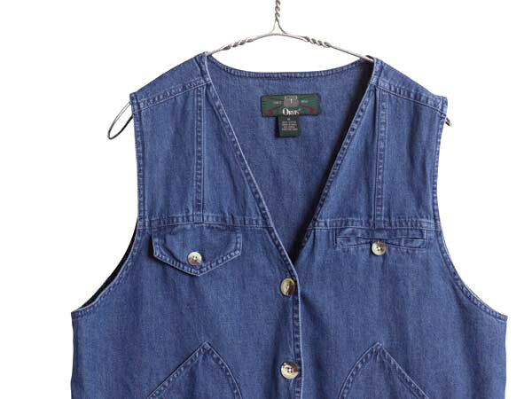 90s オービス デニム ベスト レディース M / オールド アウトドア コットン 前開き 重ね着 ハンティング サファリ ノースリーブ ジレ 無地