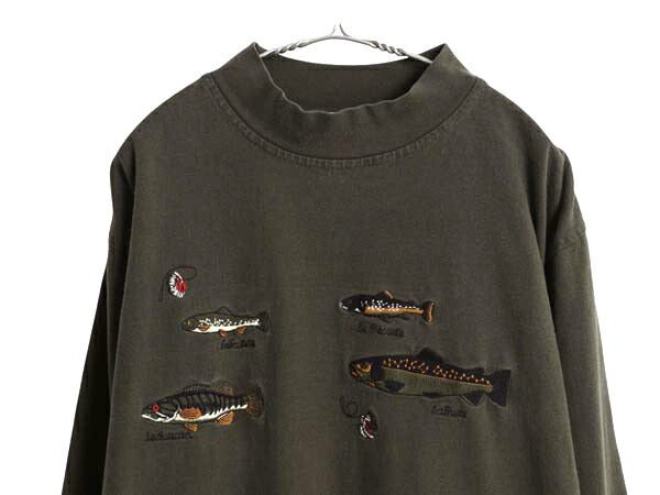 80s バナナリパブリック モックネック 長袖 Tシャツ メンズ L / ヴィンテージ ロンT フィッシング 刺繍 カットソー ヘビーウェイト カーキ