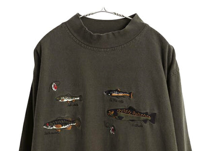 80s バナナリパブリック モックネック 長袖 Tシャツ メンズ L / ヴィンテージ ロンT フィッシング 刺繍 カットソー ヘビーウェイト カーキ