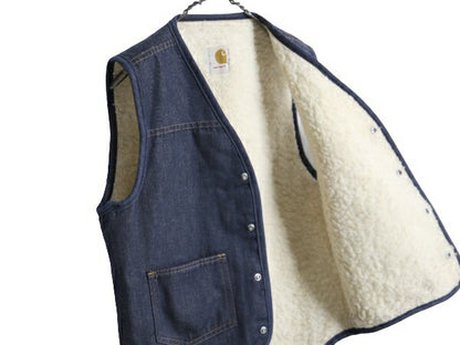 濃紺 70s USA製 カーハート 裏 ボア デニム ベスト メンズ S / 古着 CARHARTT 70年代 ヴィンテージ プリントタグ パイル フリース ワーク