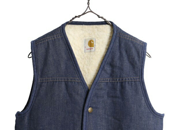 濃紺 70s USA製 カーハート 裏 ボア デニム ベスト メンズ S / 古着 CARHARTT 70年代 ヴィンテージ プリントタグ パイル フリース ワーク