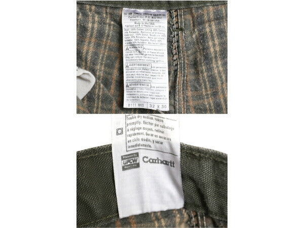 00s USA製 US企画 カーハート ウォッシュド ダック ペインター パンツ メンズ 32 30 オールド フランネル ライナー付き モス グリーン MOS