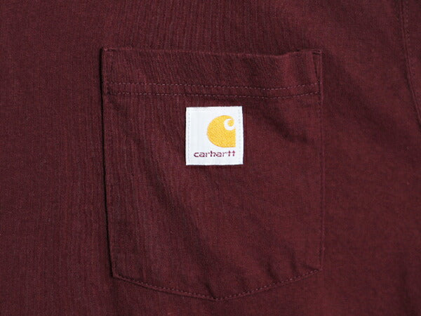カーハート ポケット付き 長袖 Tシャツ メンズ L 古着 CARHARTT ロンT ワンポイント ポケットT ロゴT ヘビーウェイト クルーネック エンジ