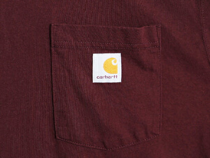 カーハート ポケット付き 長袖 Tシャツ メンズ L 古着 CARHARTT ロンT ワンポイント ポケットT ロゴT ヘビーウェイト クルーネック エンジ