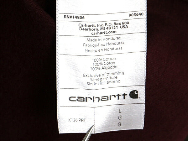 カーハート ポケット付き 長袖 Tシャツ メンズ L 古着 CARHARTT ロンT ワンポイント ポケットT ロゴT ヘビーウェイト クルーネック エンジ