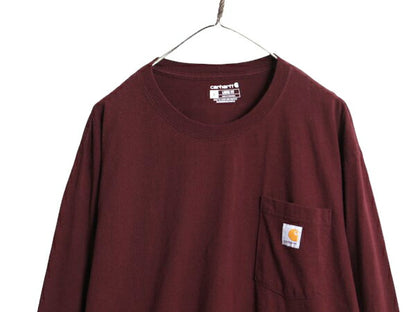 カーハート ポケット付き 長袖 Tシャツ メンズ L 古着 CARHARTT ロンT ワンポイント ポケットT ロゴT ヘビーウェイト クルーネック エンジ