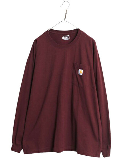 カーハート ポケット付き 長袖 Tシャツ メンズ L 古着 CARHARTT ロンT ワンポイント ポケットT ロゴT ヘビーウェイト クルーネック エンジ
