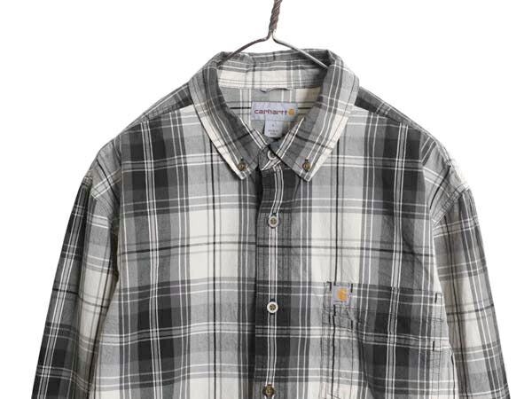 US企画 カーハート チェック 長袖 ボタンダウン シャツ メンズ L / 古着 長袖シャツ ワーク ポケット付き ワンポイント マルチカラー 黒 白