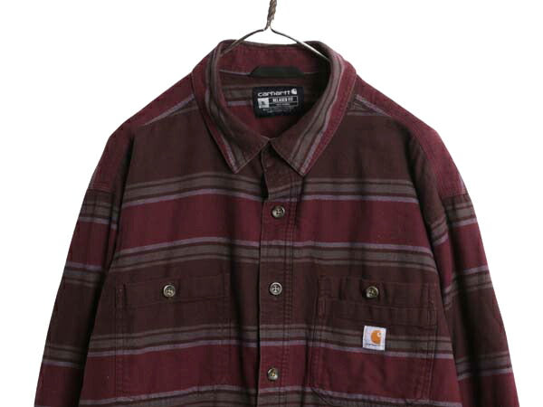 US企画 カーハート ボーダー フランネル シャツ ジャケット メンズ XL フリース ライナー付き ストレッチ ネルシャツ 大きいサイズ ワーク