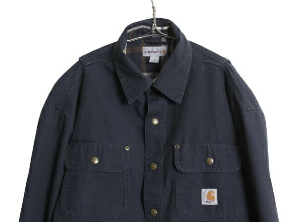 US企画 カーハート コットン キャンバス シャツ ジャケット メンズ M / 古着 ワーク ダック チェック フランネル ライナー付き 長袖シャツ