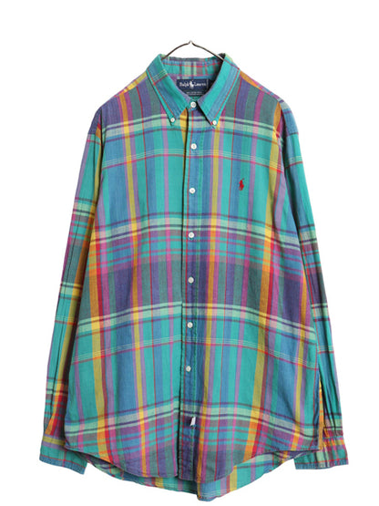 90s ラルフローレン マドラス チェック 長袖 ボタンダウン シャツ メンズ XL / 古着 オールド ポロ 長袖シャツ 薄手 コットン 大きいサイズ