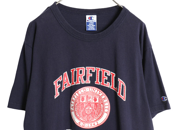 90s チャンピオン 3段 カレッジ プリント 半袖 Tシャツ メンズ L 古着 オールド 100% ヘビーウェイト コットン カットソー 目付き ネイビー