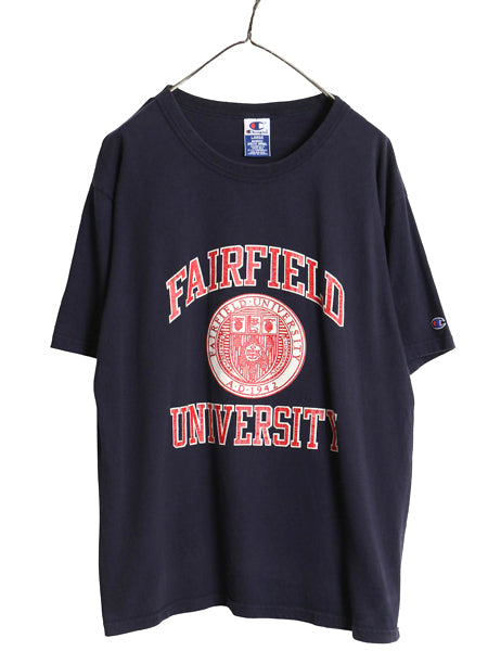 90s チャンピオン 3段 カレッジ プリント 半袖 Tシャツ メンズ L 古着 オールド 100% ヘビーウェイト コットン カットソー 目付き ネイビー