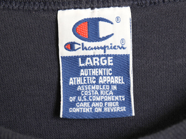 90s チャンピオン 3段 カレッジ プリント 半袖 Tシャツ メンズ L 古着 オールド 100% ヘビーウェイト コットン カットソー 目付き ネイビー