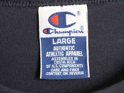 90s チャンピオン 3段 カレッジ プリント 半袖 Tシャツ メンズ L 古着 オールド 100% ヘビーウェイト コットン カットソー 目付き ネイビー