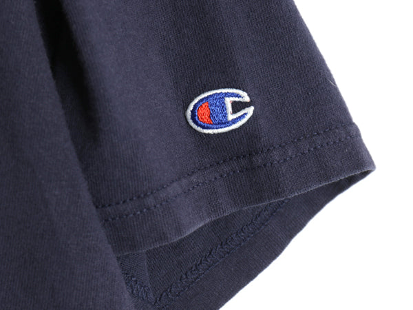 90s チャンピオン 3段 カレッジ プリント 半袖 Tシャツ メンズ L 古着 オールド 100% ヘビーウェイト コットン カットソー 目付き ネイビー