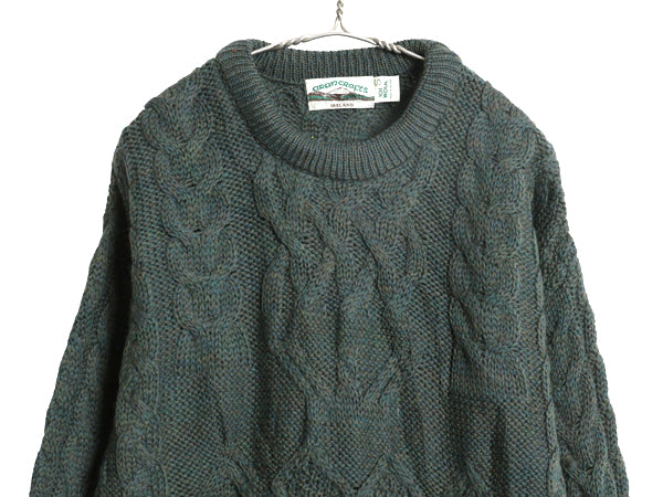 アイルランド製 aran crafts フィッシャーマン ウール ニット セーター メンズ S / 古着 アラン ケーブル 長袖ニット クルーネック 無地 緑