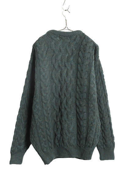アイルランド製 aran crafts フィッシャーマン ウール ニット セーター メンズ S / 古着 アラン ケーブル 長袖ニット クルーネック 無地 緑