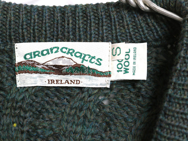 アイルランド製 aran crafts フィッシャーマン ウール ニット セーター メンズ S / 古着 アラン ケーブル 長袖ニット クルーネック 無地 緑