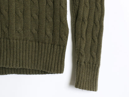 ポロ ラルフローレン コットン ケーブル ニット セーター レディース L 古着 クルーネック ワンポイント ポニー 刺繍 無地 シンプル カーキ