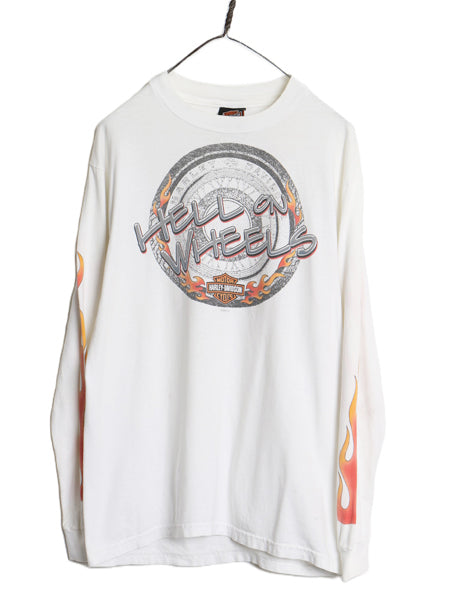 00s USA製 ハーレー ダビットソン 4面 プリント 長袖 Tシャツ メンズ M オールド イラスト ファイヤー パターン グラフィック バイク ロンT