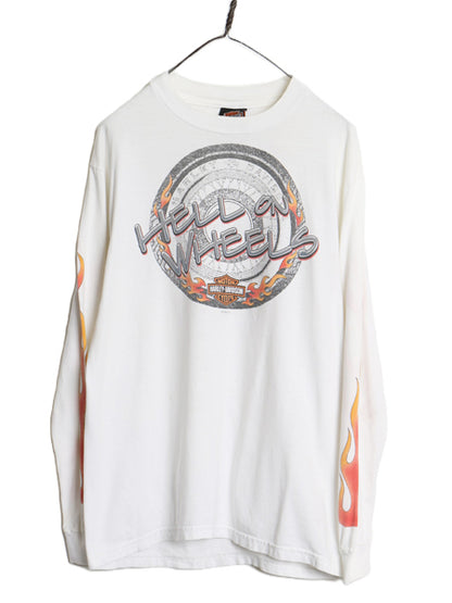 00s USA製 ハーレー ダビットソン 4面 プリント 長袖 Tシャツ メンズ M オールド イラスト ファイヤー パターン グラフィック バイク ロンT